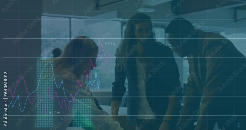 Poster animation of statistical data processing against diverse colleagues discussing over a plan at office