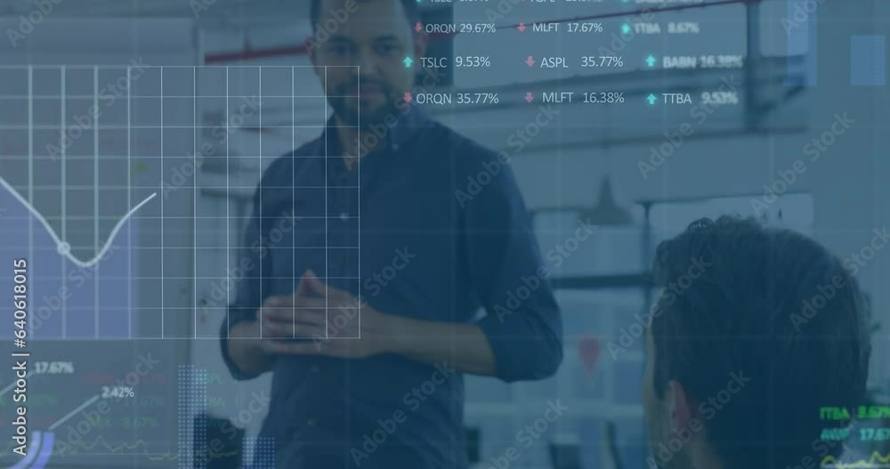 Poster animation of stock market data processing over biracial man discussing with a colleague at office