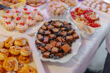 Delicious homemade cakes and desserts at a wedding buffet
