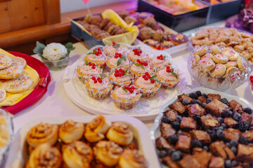 Delicious homemade cakes and desserts at a wedding buffet