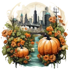 Foto op Canvas Watercolor Pumpkin Flower T-shirt Design, a futuristic cityscape with skyscrapers adorned with vertical gardens, Generative Ai © Creative Artist