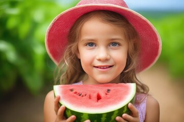 little girl wearing hat eating watermelon outdoor background