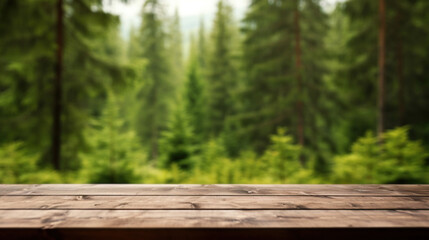 Empty wooden table top with blur background of forest