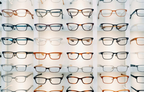 Wall of eyeglasses in white store