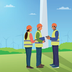 Engineers and worker discussing the maintenance schedule for the wind turbines.
