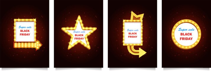 Black Friday Sale banners set with geometric shaped signs, illuminated by spotlights