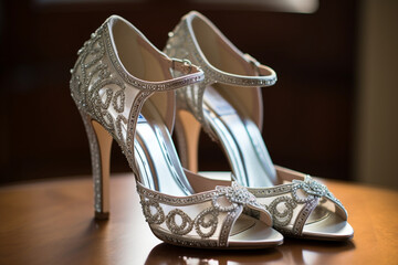 Shoes adorned with intricate beading and jewels, reflecting the bride's radiant personality and love for elegance, love  