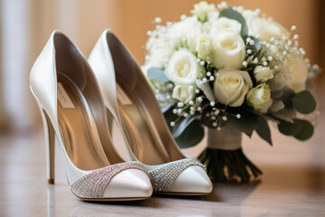 Obraz premium Bride's shoes positioned beside her bridal bouquet, showcasing the harmonious blend of floral beauty and love, love 