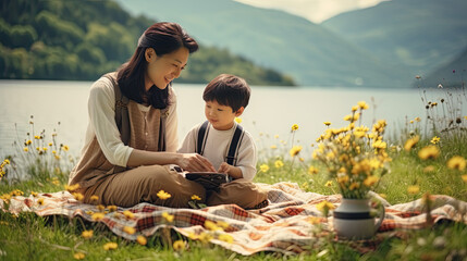 an asian mother and her son have a picnic in the summer by a lake in fine weather.