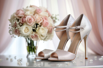 Bride's shoes positioned beside her bridal bouquet, showcasing the harmonious blend of floral beauty and love, love  