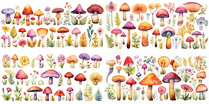 watercolor illustration of mushroom and autumn season foliage cartoon style isolated on white background, children art style design, Generative Ai