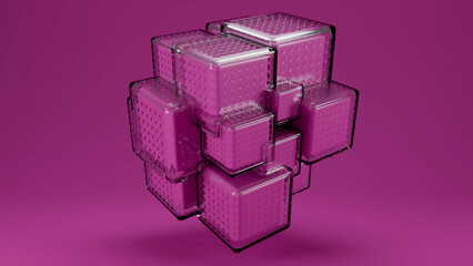 3d composition of transparent and purple cubes for product advertising