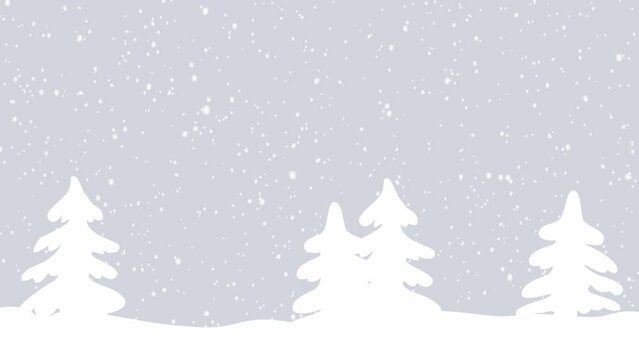 Christmas animation. Snowmen have fun in winter holidays. Winter banner. Three cute snowmen in red winter clothes are hiding behind the fir trees and congratulate everyone on winter holidays