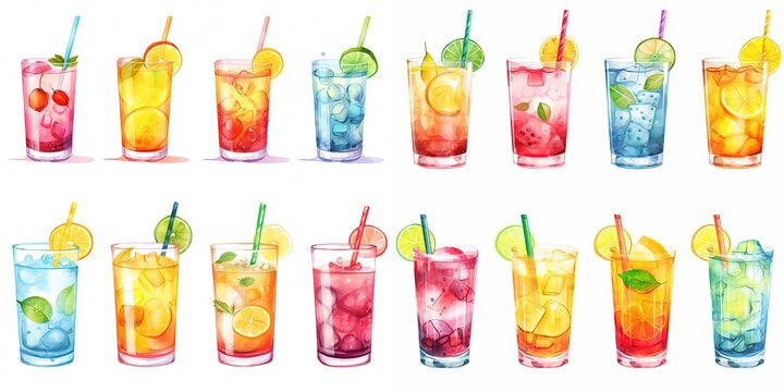 watercolor style illustration of cute cartoon glass of fancy cocktail collection set, Generative Ai