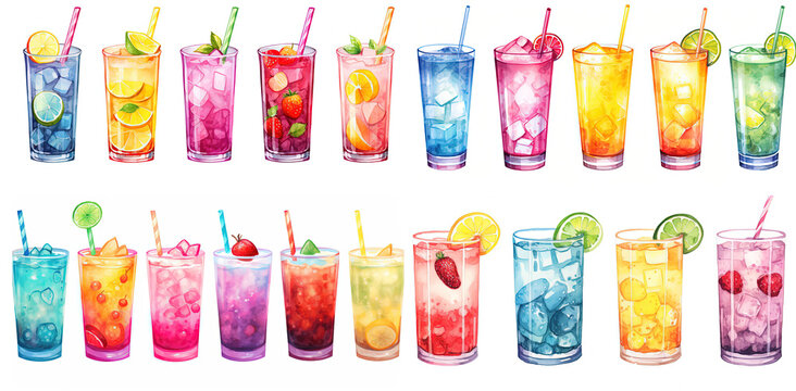 watercolor style illustration of cute cartoon glass of fancy cocktail collection set, Generative Ai