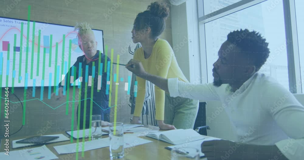 Poster animation of statistical data processing against diverse colleagues discussing together at office