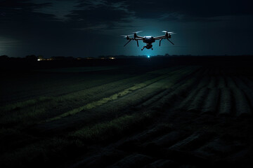 Obraz na płótnie Canvas Drones at night flying over vast agricultural fields, advanced farming techniques