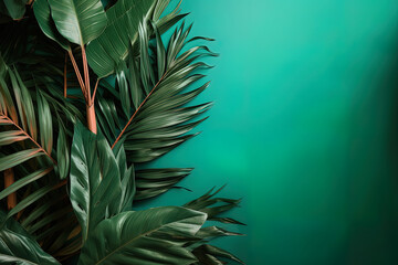 Green background of tropical leaves and empty space. Flat lay, nature concept, tropical leaf