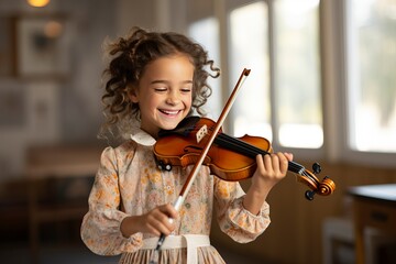 A young girl joyfully plays the violin during her music lesson , showcasing her passion for music and dedication to skill development. 'generative AI'	
