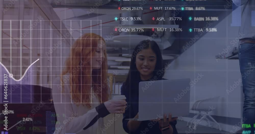 Canvas Prints Animation of statistical, stock market data processing over two diverse women discussing at office