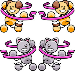 ゴールテープを切るわんまるとにゃんまるのイラストセット　犬　猫
