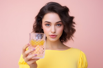 woman drinking juice. the girl holds a glass with liquid collagen in her hands. beautiful woman takes care of her skin and drinks vitamins