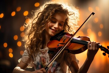 Fototapeta premium A young girl joyfully plays the violin during her music lesson , showcasing her passion for music and dedication to skill development. 'generative AI' 