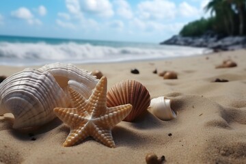 Fototapeta na wymiar Two seashells and a starfish on a sandy beach
