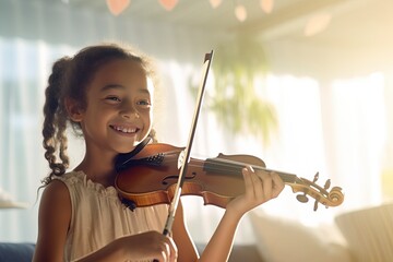 A young girl joyfully plays the violin during her music lesson , showcasing her passion for music and dedication to skill development. 'generative AI'