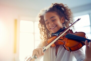 A young girl joyfully plays the violin during her music lesson , showcasing her passion for music and dedication to skill development.  'generative AI'