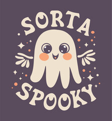 Halloween background of sorta spooky text with a cute smiling ghost in the middle