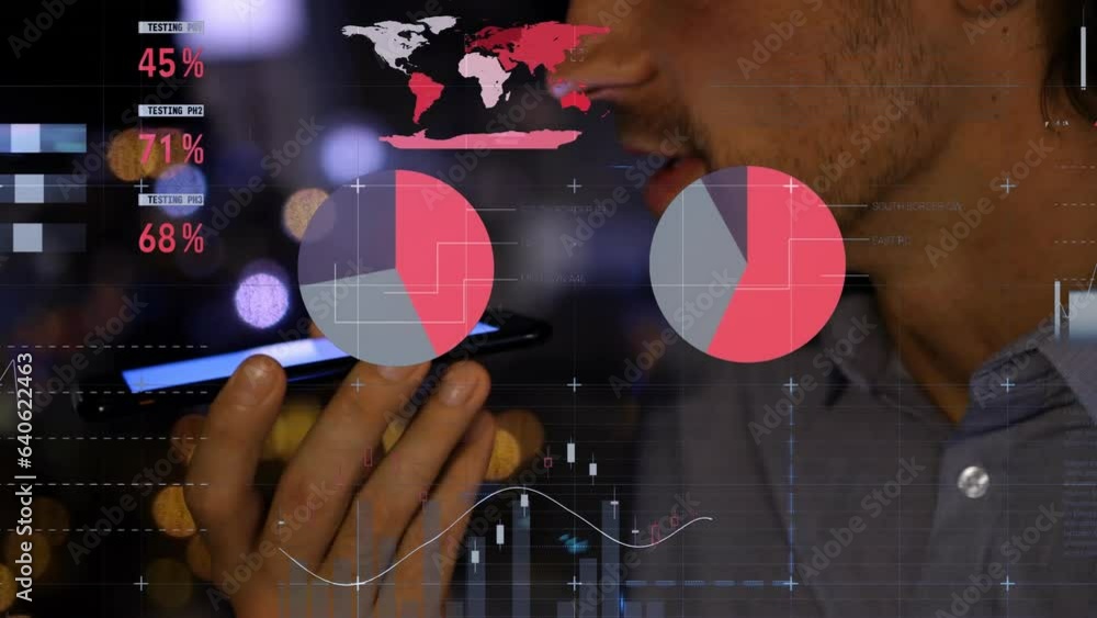 Poster animation of statistical data processing against close up of a caucasian man talking on smartphone