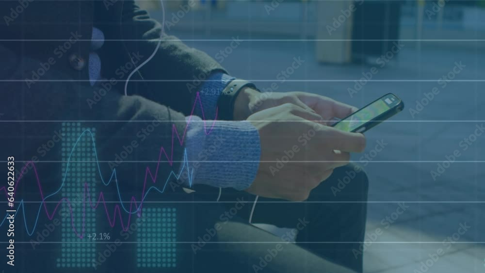 Poster animation of statistical data processing over mid section of man using smartphone on the street