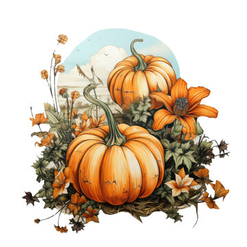 Watercolor Pumpkin Flower T-shirt Design, a surreal dreamscape where pumpkin flowers grow in the sky, Generative Ai