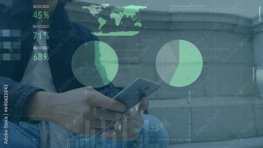Poster animation of statistical data processing over biracial man using smartphone sitting on the stairs