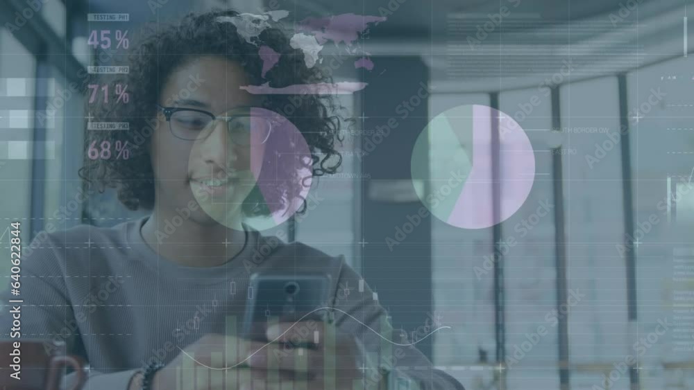 Poster animation of statistical data processing over happy biracial man using smartphone at a cafe