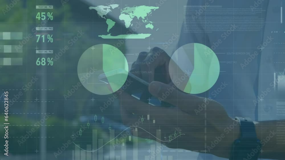Poster animation of statistical data processing over mid section of a man using smartphone outdoors