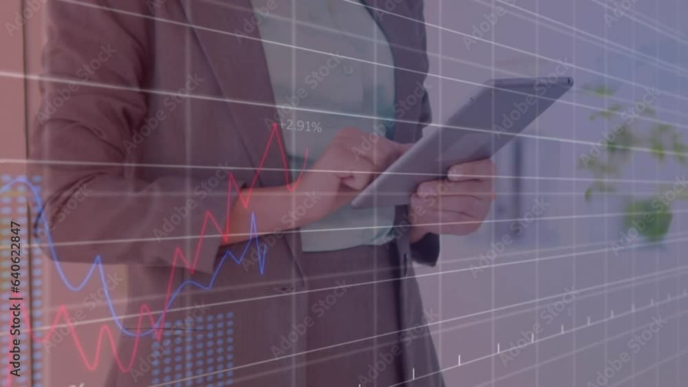 Poster animation of statistical data processing over mid section of a businesswoman using tablet at office