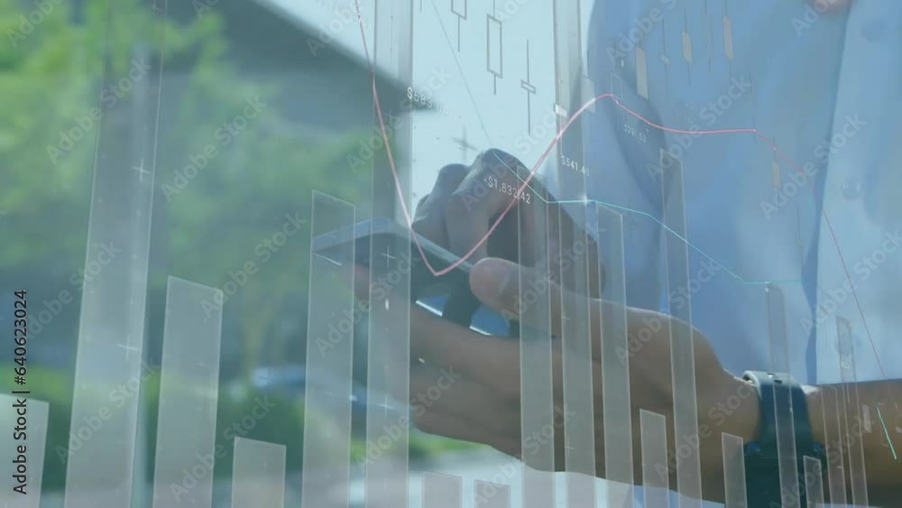 Poster animation of statistical data processing against mid section of a man using smartphone outdoors