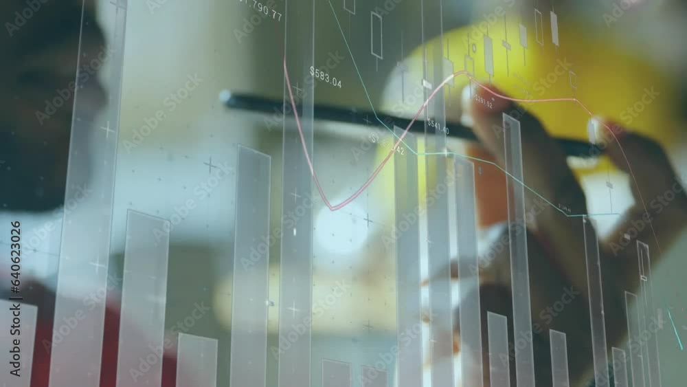 Poster animation of statistical data processing over close up of african american man talking on smartphone
