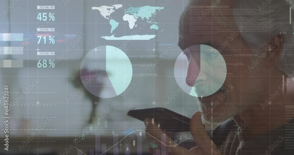 Poster animation of statistical data processing over caucasian senior man talking on smartphone at home