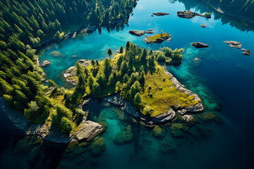 Fototapeta na wymiar Aerial view of blue sea with small islands and green forest on a sunny summer day