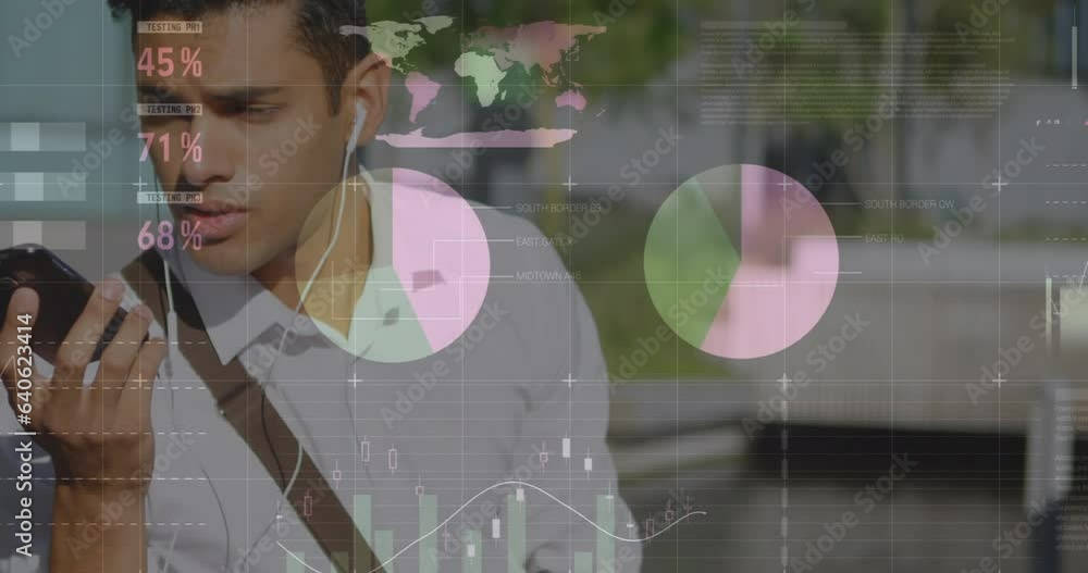 Aufkleber animation of statistical data processing over biracial man talking on smartphone on the street