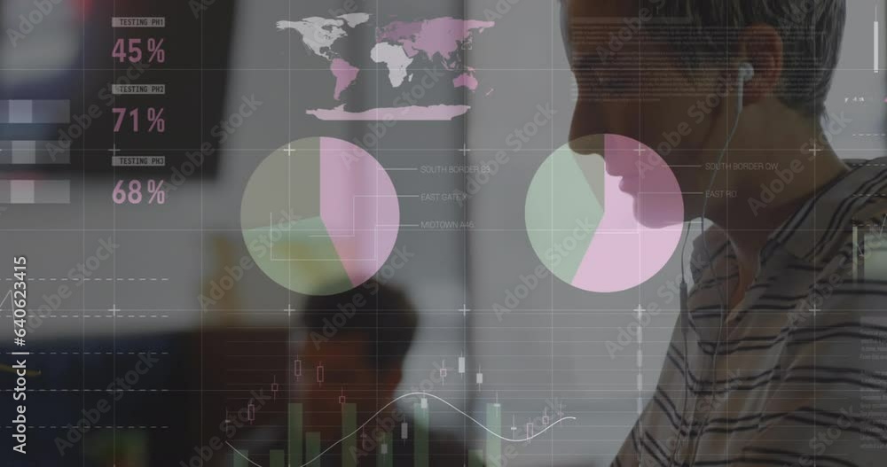 Poster animation of statistical data processing against caucasian woman using laptop at office