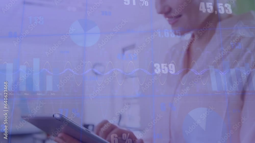 Poster animation of statistical data processing over caucasian businesswoman using tablet at office
