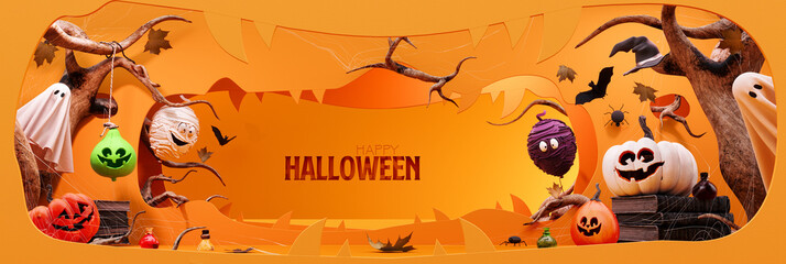 Halloween paper art. Creative Halloween greeting card with pumpkins and ghosts on vibrant orange background with text. 3D Rendering, 3D Illustration