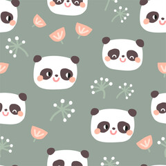 Vector seamless pattern with cute panda bears and flowers. 
