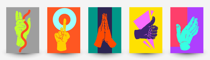Abstract minimal composition with bright geometric shapes and human hand in modern fashion flat style. Set vivid template for cover, banner, flyer, poster. Collection vector illustration.