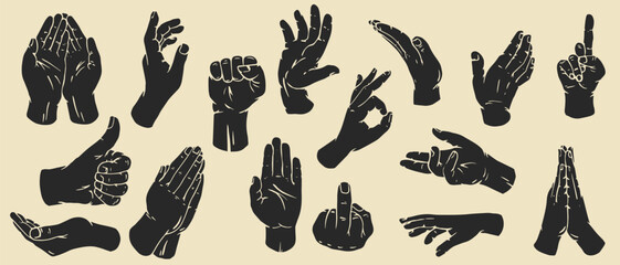 Hand drawn silhouettes hands in retro monochrome style. Set different gestures isolated on white background. Batch flat design concept. Modern vector retro illustrations with arm. - obrazy, fototapety, plakaty