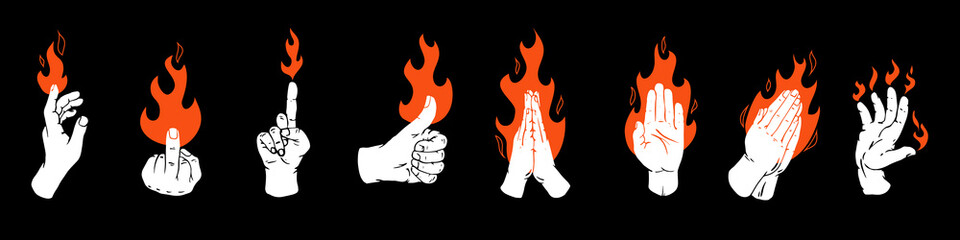 Set fire or flame with silhouettes people hands in retro flat style. Collection different vector illustration for tattoo, print. Various vintage color art composition. - 640623474